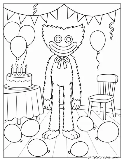 Huggy Wuggy Standing Among Balloons at a Birthday Party Gone Quiet Coloring Page