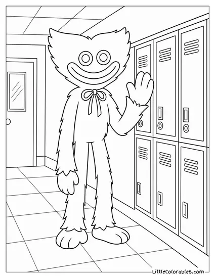Huggy Wuggy Standing at a School Hallway Locker Row Coloring Page