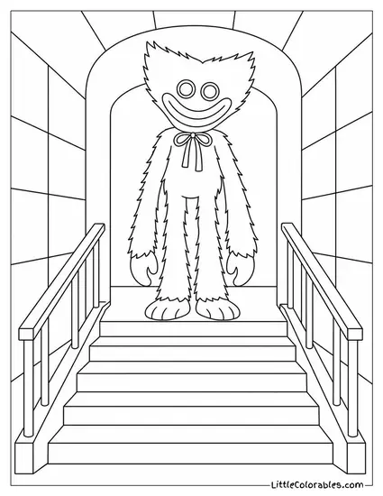 Huggy Wuggy Standing at the Top of a Staircase Coloring Page