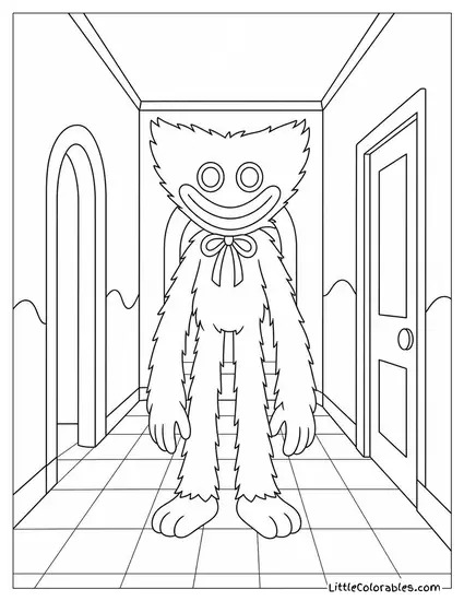 Huggy Wuggy Standing in a Dark Hallway with a Nightlight Coloring Page