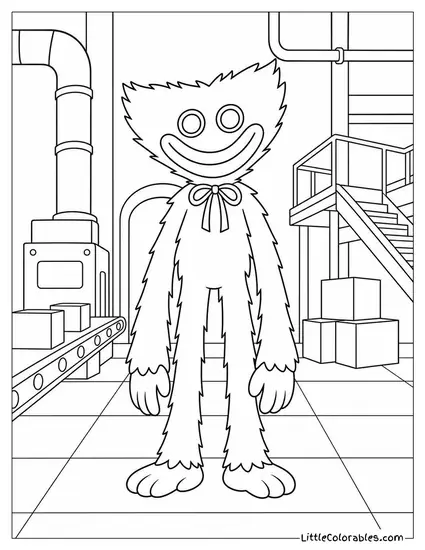 Huggy Wuggy Standing in a Factory Warehouse Setting Coloring Page