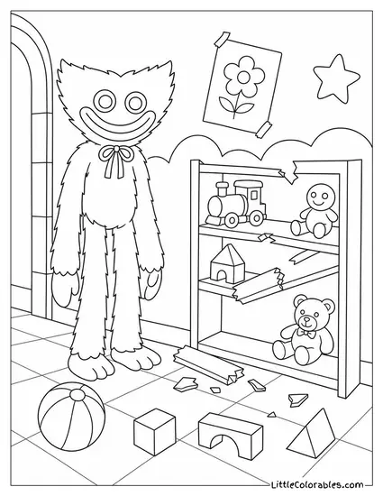 Huggy Wuggy Standing Near a Broken Toy Shelf Coloring Page