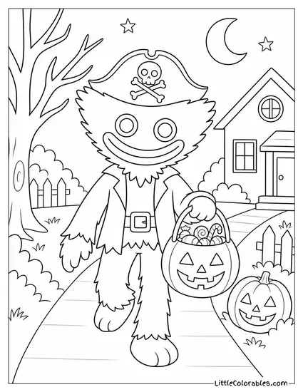 Huggy Wuggy Trick or Treating in a Costume Coloring Page