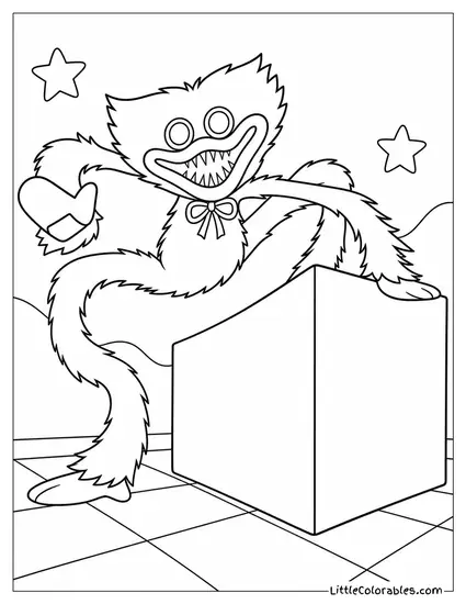 Huggy Wuggy Trying to Climb Up a Huge Box Coloring Page