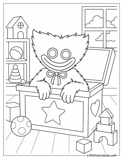Huggy Wuggy Watching from Inside a Toy Box Coloring Page