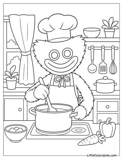 Huggy Wuggy Wearing a Chef Hat and Cooking Coloring Page