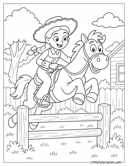 Jessie and Bullseye Jumping Over a Fence in the Yard Toy Story Coloring Page