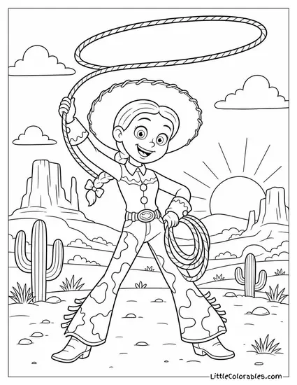 Jessie Doing a Lasso Trick at Sunset Toy Story Coloring Page