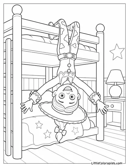 Jessie Hanging Upside Down from a Bunk Bed Toy Story Coloring Page