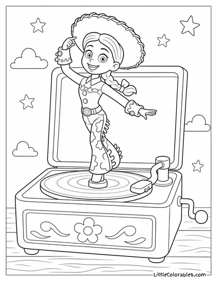Jessie Spinning on a Record Player Like a Music Box Toy Story Coloring Page