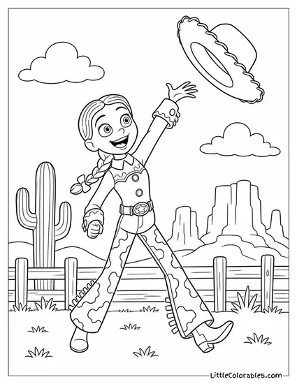 Jessie Throwing Her Hat in the Air in Celebration Toy Story Coloring Page