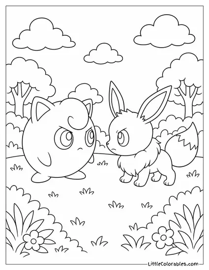 Jigglypuff and Eevee Having a Staring Contest Coloring Page