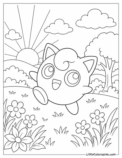 Jigglypuff Bouncing Happily Across a Meadow at Sunrise Coloring Page