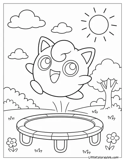 Jigglypuff Bouncing off a Trampoline with a Huge Joyful Smile Coloring Page