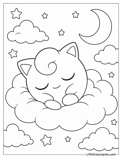 Jigglypuff Curled Up Asleep on a Soft Cloud Coloring Page