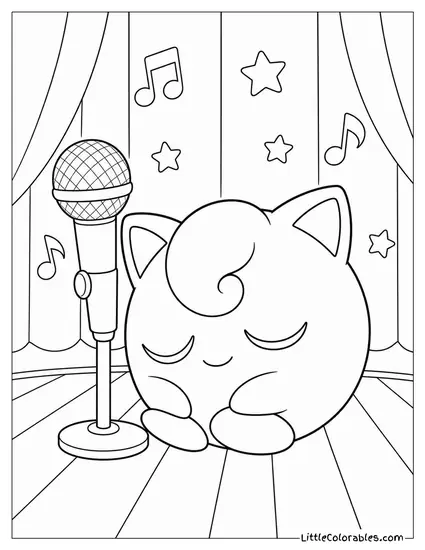 Jigglypuff Curled Up Napping Beside Its Own Microphone Prop Coloring Page