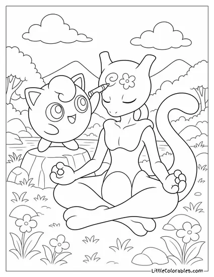 Jigglypuff Drawing on Mewtwos Face While He Meditates Eyes Closed Coloring Page