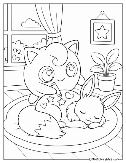 Jigglypuff Drawing Stars and Hearts on a Sleeping Eevee Coloring Page