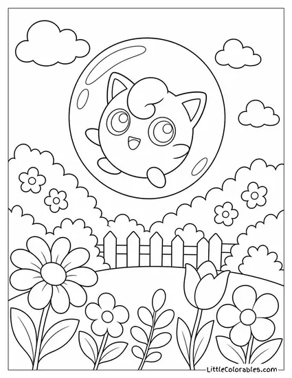 Jigglypuff Floating Inside a Soap Bubble Drifting Over a Garden Coloring Page
