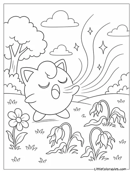 Jigglypuff Practicing a High Note That Makes Nearby Flowers Wilt Coloring Page