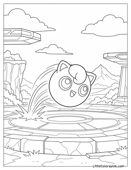 Jigglypuff Rolling Itself into a Ball and Bouncing Across a Battlefield Coloring Page