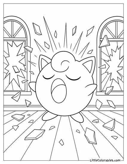 Jigglypuff Singing So Loud That Windows Shatter Around It Coloring Page