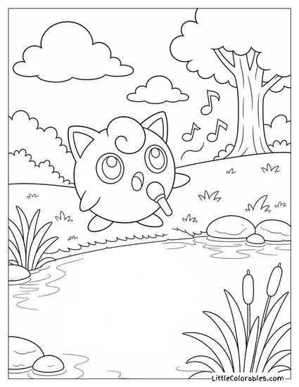 Jigglypuff Singing to Its Own Reflection in a Still Pond Coloring Page
