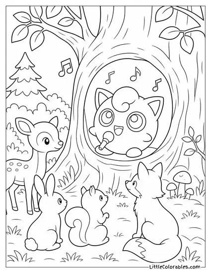 Jigglypuff Sitting Inside a Hollow Tree Singing to Woodland Creatures Coloring Page