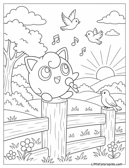 Jigglypuff Sitting on a Fence Post Serenading the Morning Birds Coloring Page