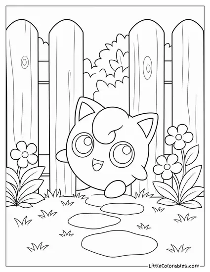 Jigglypuff Squeezing Through a Tiny Gap in a Garden Fence Coloring Page