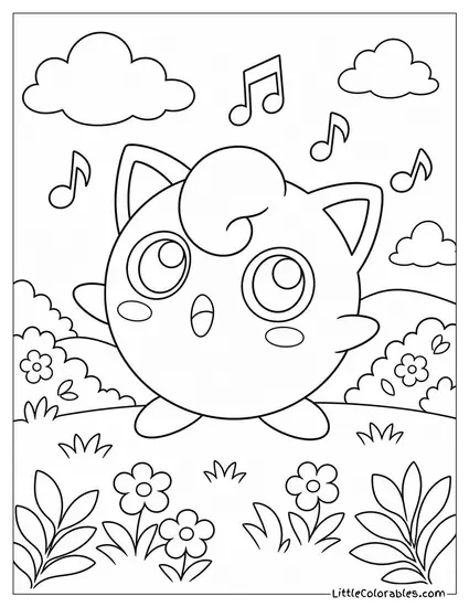 Jigglypuff with Musical Notes Floating Around It as It Hums Coloring Page