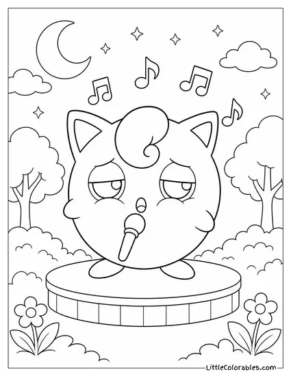 Jigglypuff with Puffed Cheeks Trying to Stay Awake During Its Own Song Coloring Page