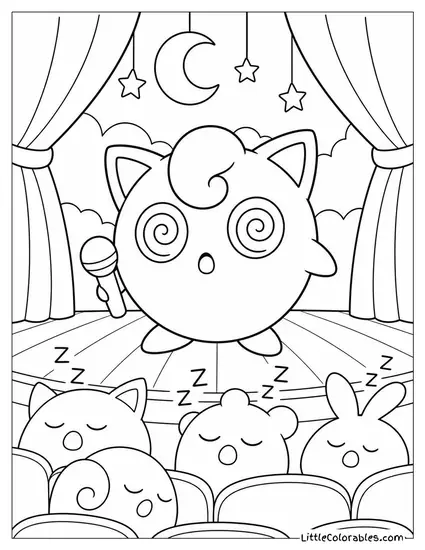 Jigglypuff with Spiral Eyes Realizing Its Audience Fell Asleep Again Coloring Page