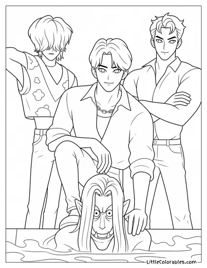 Jinu Abby and Mystery Saja Boys Sending Demons Coloring Page