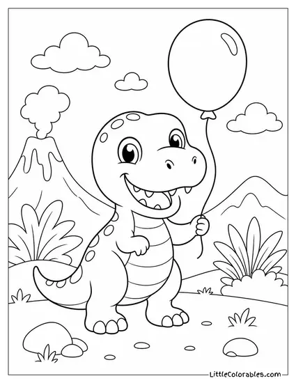 Kawaii Baby T-Rex with a Big Smile Holding a Balloon Coloring Page