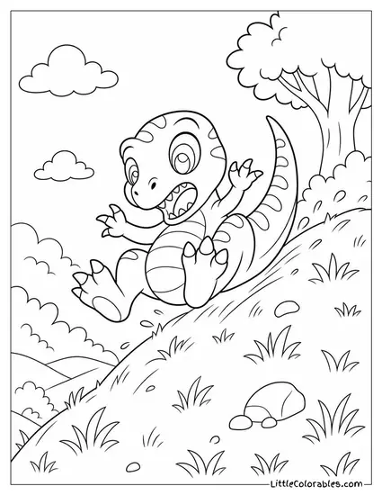 Kawaii Baby Velociraptor Tumbling Clumsily Down a Small Grassy Hill Coloring Page