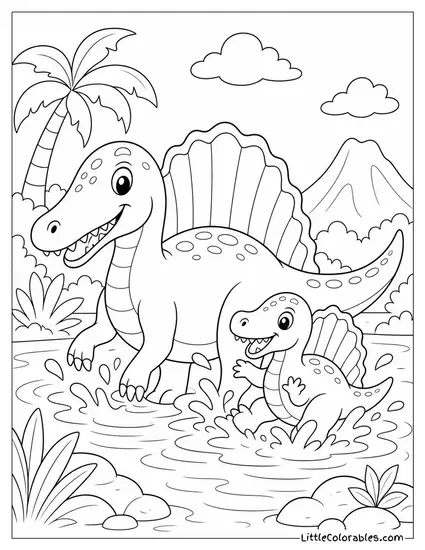 Kawaii Spinosaurus Family with a Parent and Small Baby Splashing Coloring Page