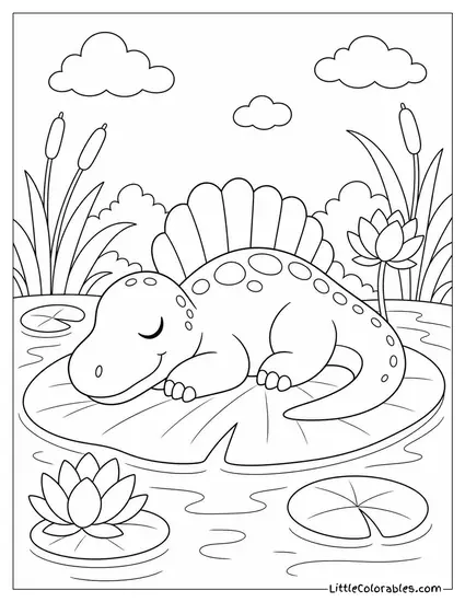 Kawaii Spinosaurus Napping on a Lily Pad Coloring Page