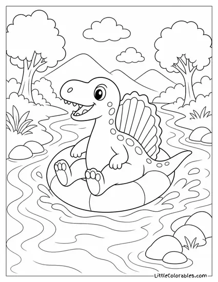 Kawaii Spinosaurus Riding a Small Inner Tube Down a River Coloring Page