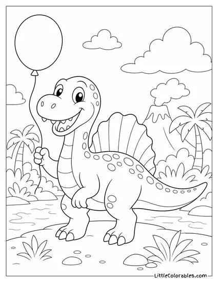 Kawaii Spinosaurus with a Big Smile Holding a Balloon Coloring Page