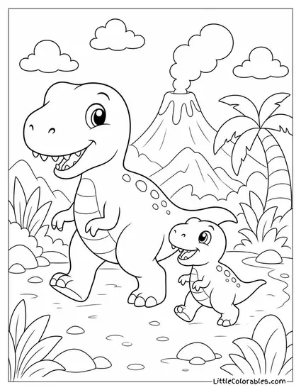 Kawaii T-Rex Family with a Parent and Small Baby Walking Coloring Page