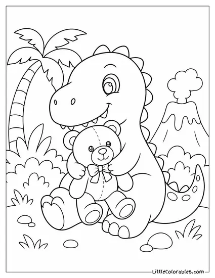 Kawaii T-Rex Hugging a Stuffed Teddy Bear Coloring Page