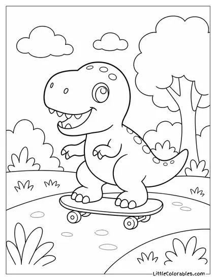 Kawaii T-Rex Riding a Tiny Skateboard Coloring Page