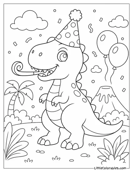 Kawaii T-Rex Wearing a Birthday Hat and Party Horn Coloring Page