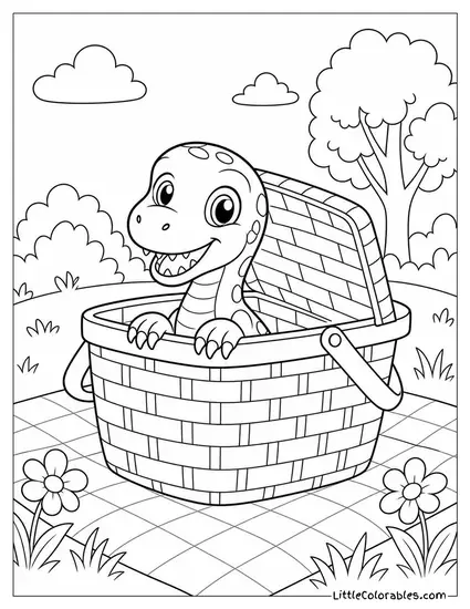 Kawaii Velociraptor Peeking Out from Inside a Picnic Basket Coloring Page