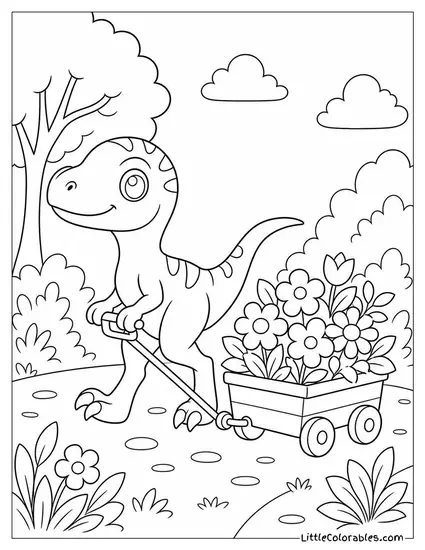 Kawaii Velociraptor Pulling a Small Wagon Full of Flowers Coloring Page