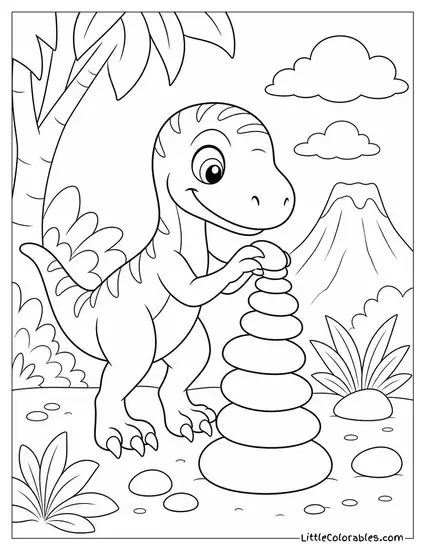 Kawaii Velociraptor Stacking Pebbles into a Wobbly Tower Coloring Page