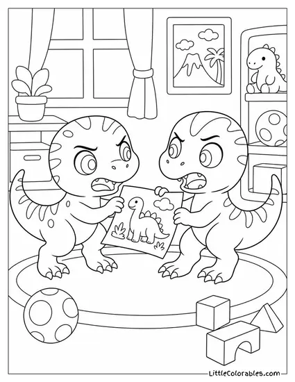 Kawaii Velociraptor Twins Arguing Playfully Over a Toy Coloring Page