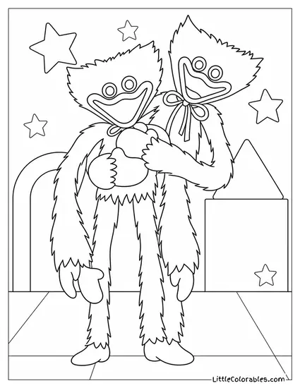 Kissy Missy and Huggy Wuggy Playing Together Coloring Page