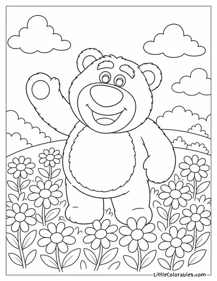 Lotso Standing in a Daisy Field in His Early Happy Days Toy Story Coloring Page